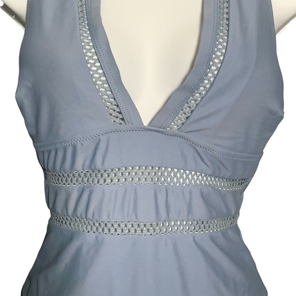 Women's Size Medium One-Piece Swimsuit Dusty Blue Deep V Neck Crisscross Back - Picture 3 of 7